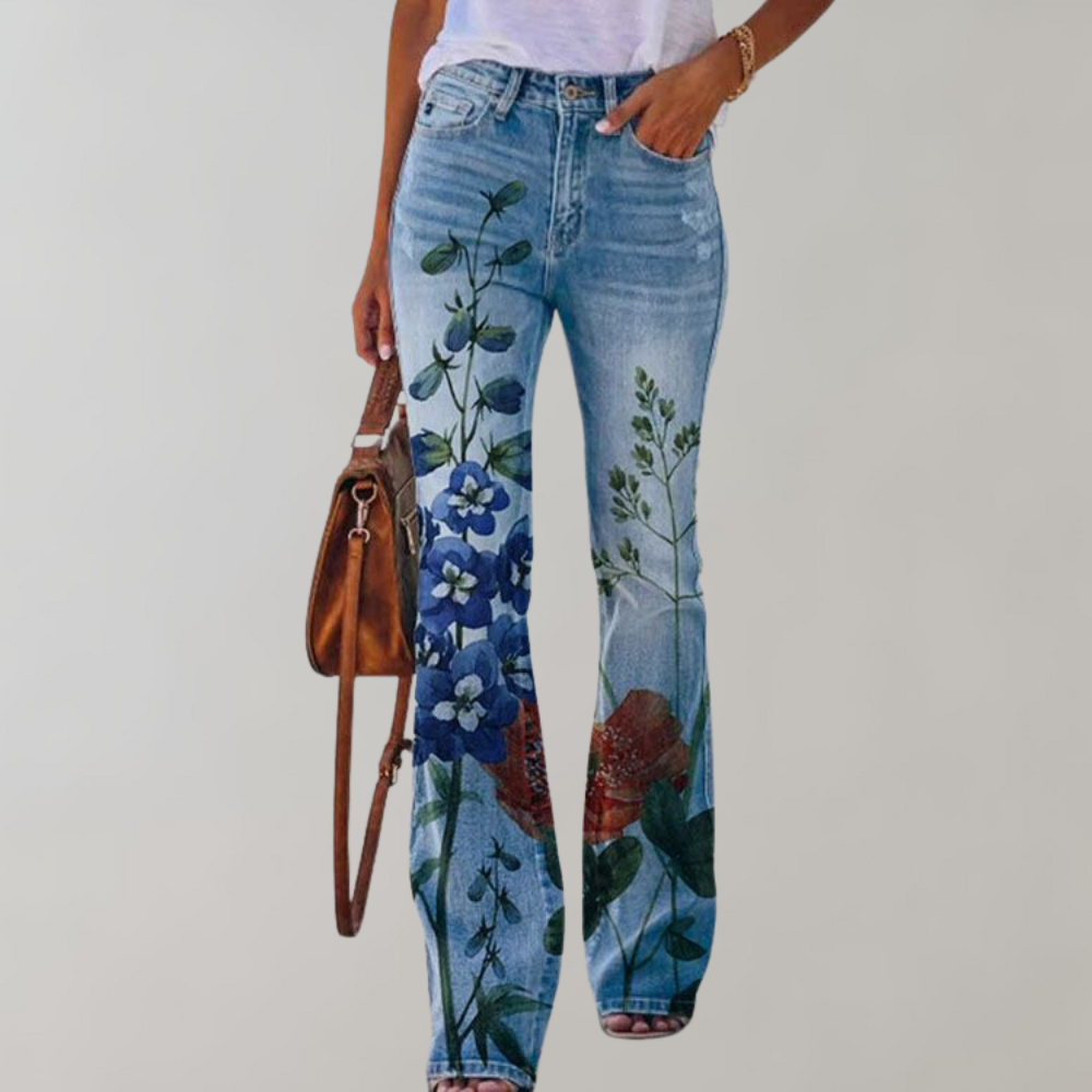Women's peacock pattern casual jeans twill fabric trousers