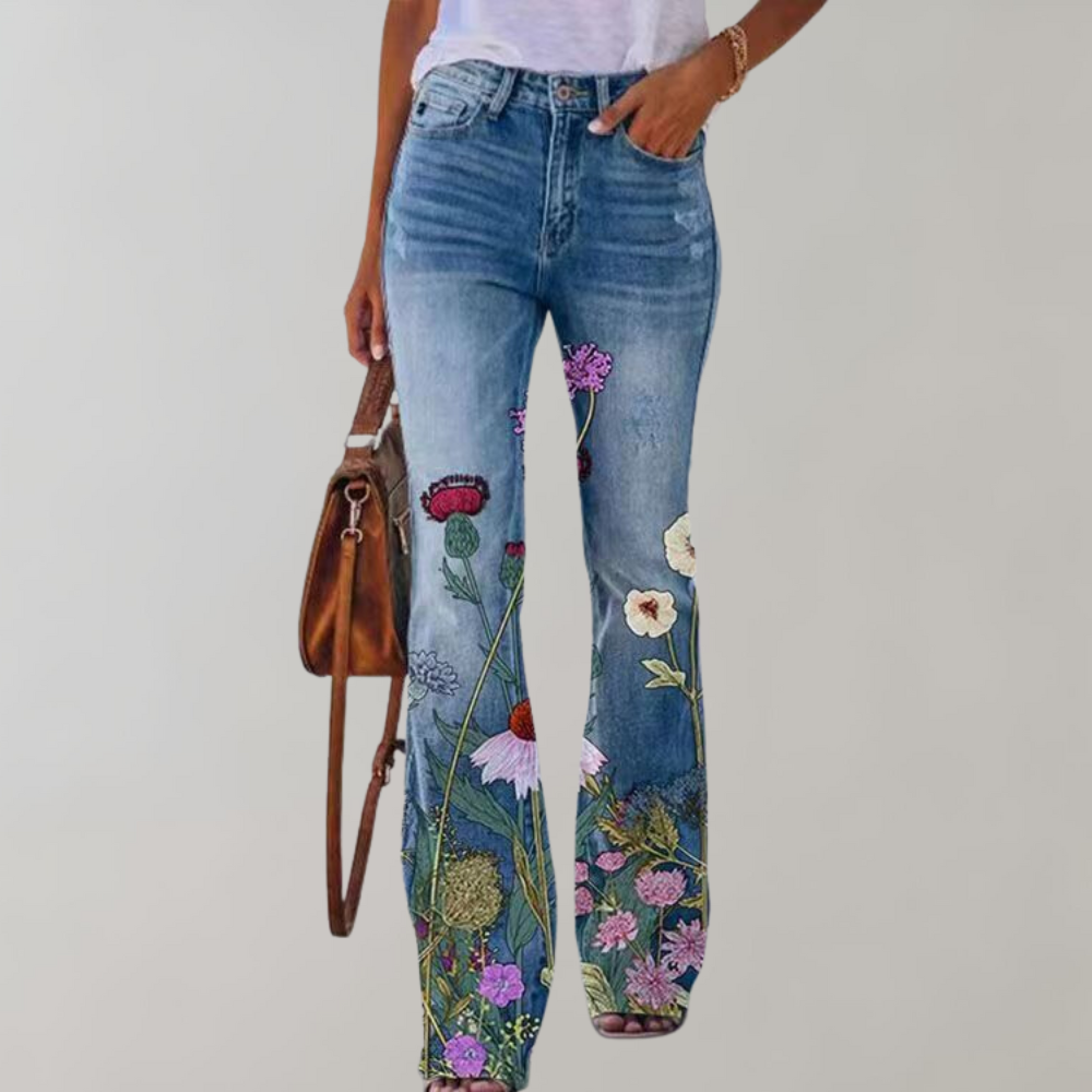 Women's peacock pattern casual jeans twill fabric trousers