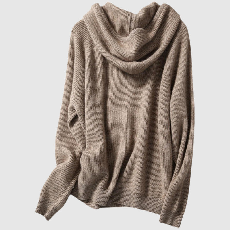 Grace Hooded Sweater | Ribbed Drawstring Hip-Length Sweater
