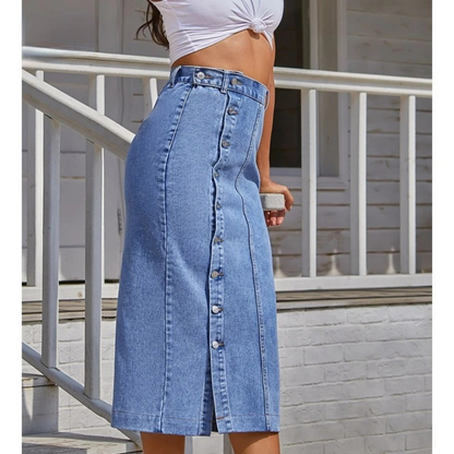 Joanne - Button Split Design Blue Long Skirt