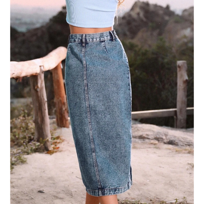 Joanne - Button Split Design Blue Long Skirt