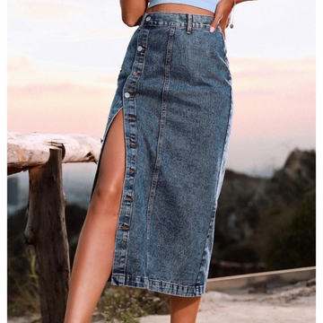 Joanne - Button Split Design Blue Long Denim Skirt