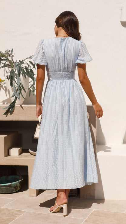 Women’s Maxi Dress – V-Neck – Puff Sleeves – Front Buttons – Breathable Blend – Flowy Fit