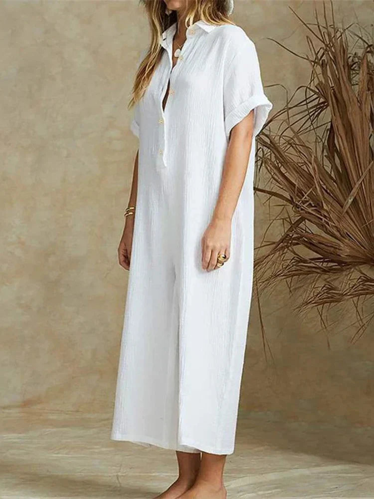 Women's Jumpsuit - Short Sleeve Button-Down - Wide-Leg Cropped Relaxed Fit