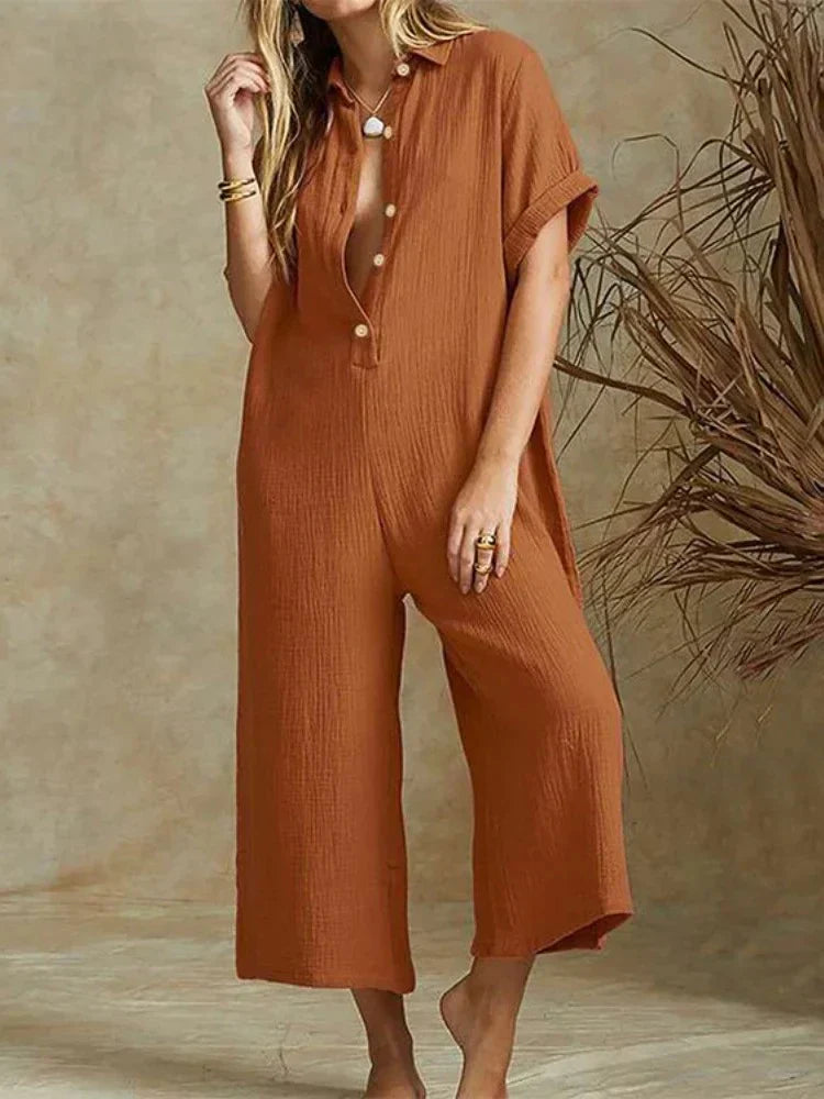 Women's Jumpsuit - Short Sleeve Button-Down - Wide-Leg Cropped Relaxed Fit