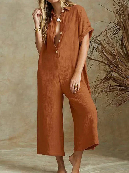 Women's Jumpsuit - Short Sleeve Button-Down - Wide-Leg Cropped Relaxed Fit