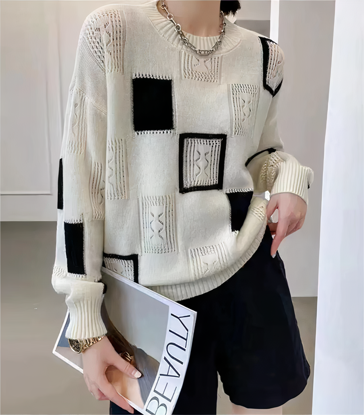 Women's geometric patchwork casual sweater