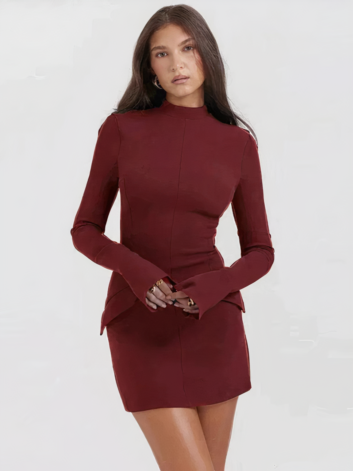 Women's Mini Dress - Fitted Long Sleeve - High Neck - Elegant Waist Detailing