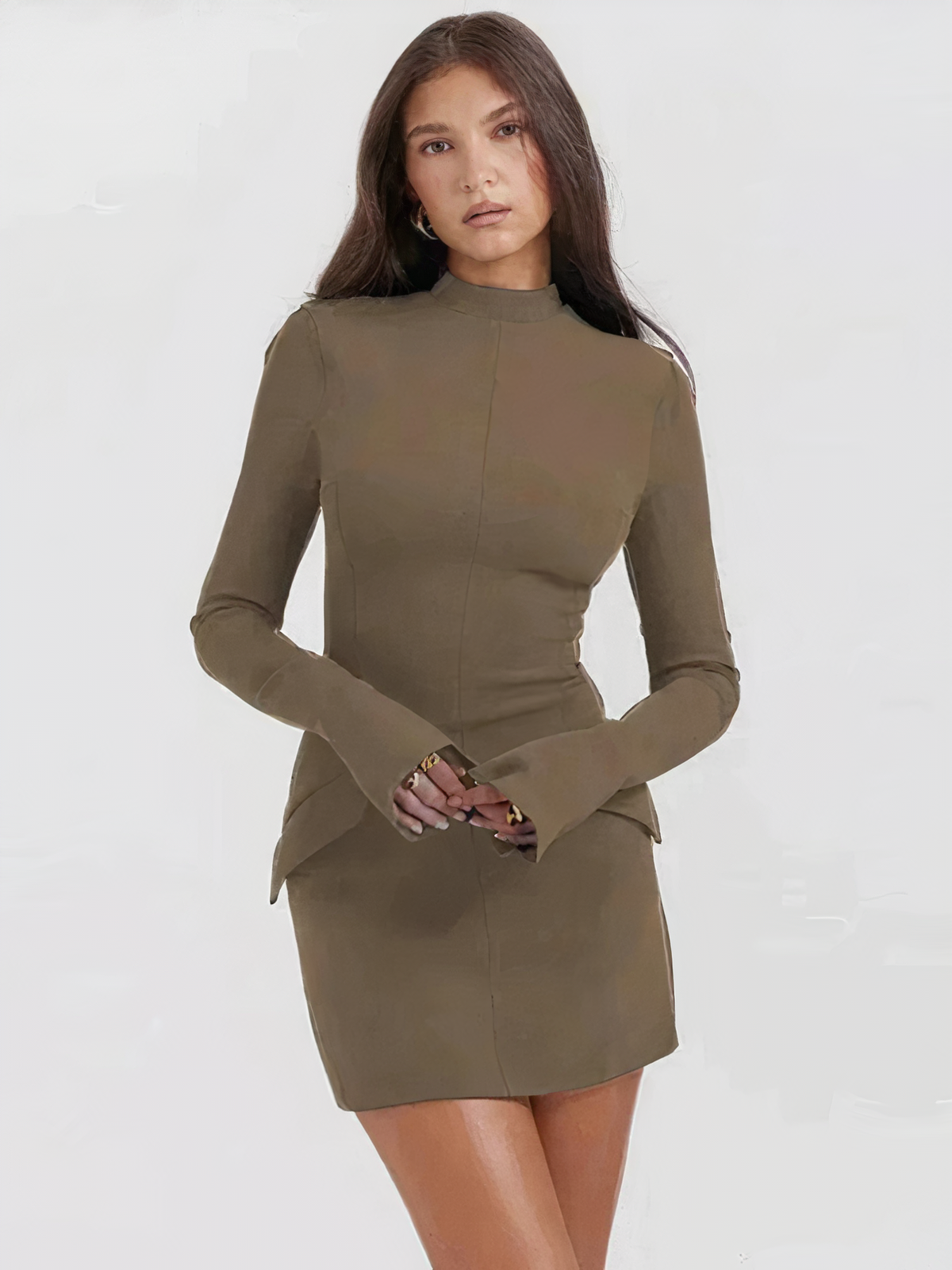 Women's Mini Dress - Fitted Long Sleeve - High Neck - Elegant Waist Detailing