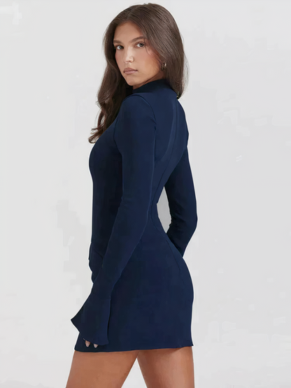 Women's Mini Dress - Fitted Long Sleeve - High Neck - Elegant Waist Detailing