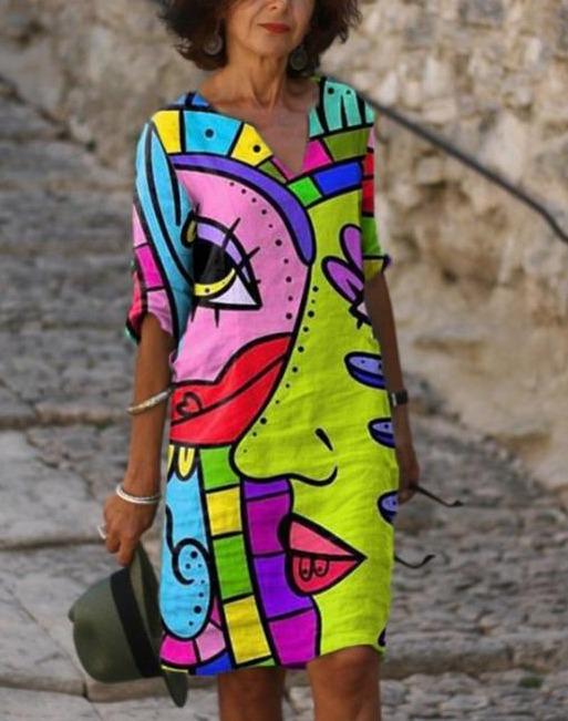 Abstract Print Loose Fit V-Neck Dress