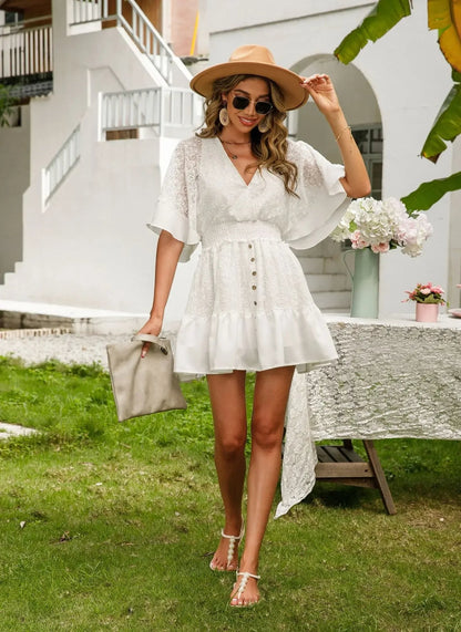 Women's Lace Mini Dress - Deep V-Neck - Bell Sleeves - Fitted Waist - Button Detail