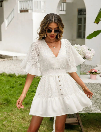 Women's Lace Mini Dress - Deep V-Neck - Bell Sleeves - Fitted Waist - Button Detail