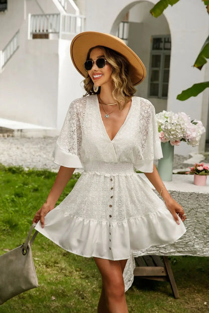 Women's Lace Mini Dress - Deep V-Neck - Bell Sleeves - Fitted Waist - Button Detail