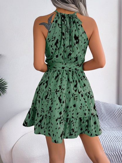 Women's Halter Neck Dress - Animal Print - Tiered A-Line Mini - Flowy Casual Wear
