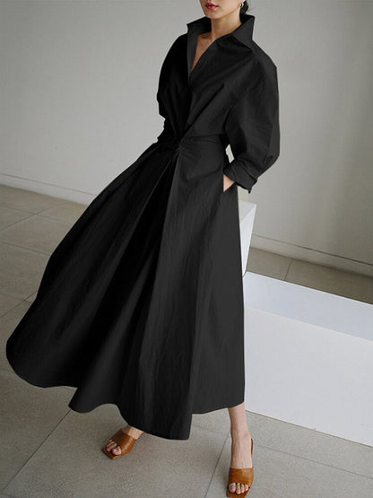 Women’s Midi Shirt Dress – Belted Waist – Collared Neck – Long Sleeve – Button Front