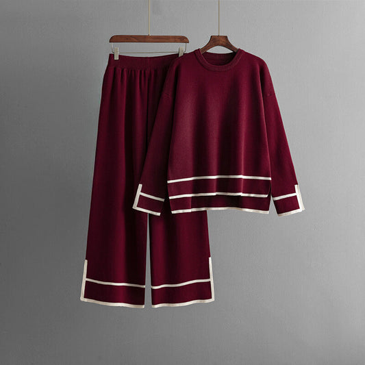 Slit Long-Sleeved Knit Wide-Leg Two-Piece Set