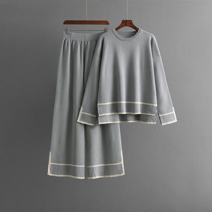 Women's slit long-sleeved knitwear high-waisted wide-leg pants two-piece set