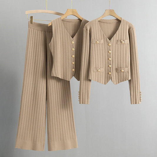 Knitted High-Waisted Wide-Leg Pants Set