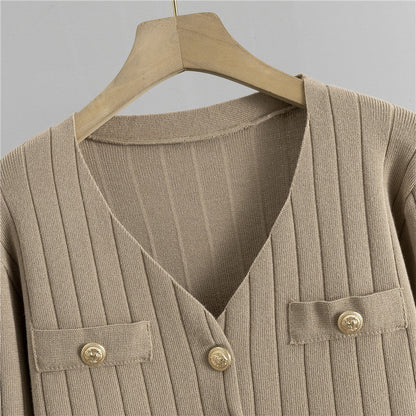 Women's long-sleeved single-breasted knitted jacket vest high-waisted wide-leg pants set