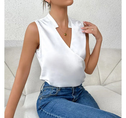 Women's Sleeveless Wrap Blouse - V-Neck - Stand Collar - Elegant Lightweight Fit
