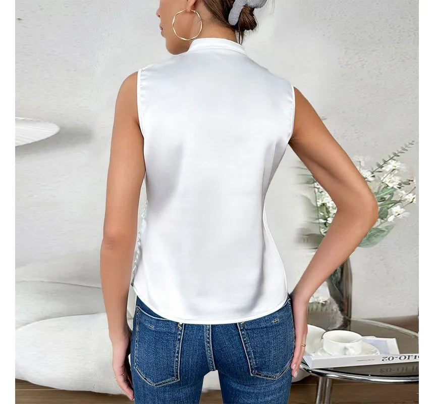 Women's Sleeveless Wrap Blouse - V-Neck - Stand Collar - Elegant Lightweight Fit