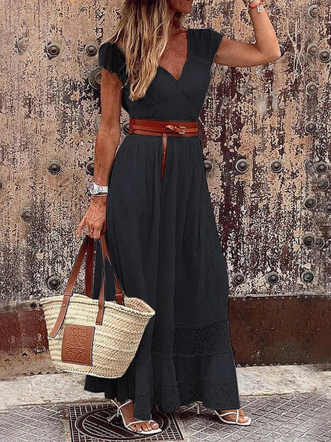 Women's Maxi Dress - Lace Detailing - V-Neck - Short Sheer Sleeves - Belted Waist