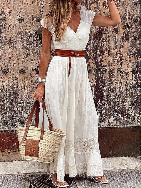 Lace Detail Belted V-Neck Maxi Dress