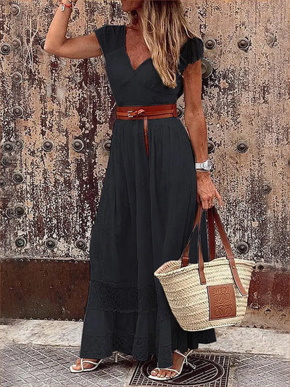 Women's Maxi Dress - Lace Detailing - V-Neck - Short Sheer Sleeves - Belted Waist