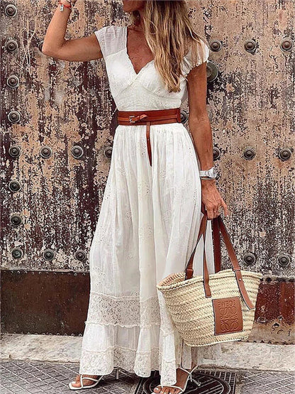 Women's Maxi Dress - Lace Detailing - V-Neck - Short Sheer Sleeves - Belted Waist