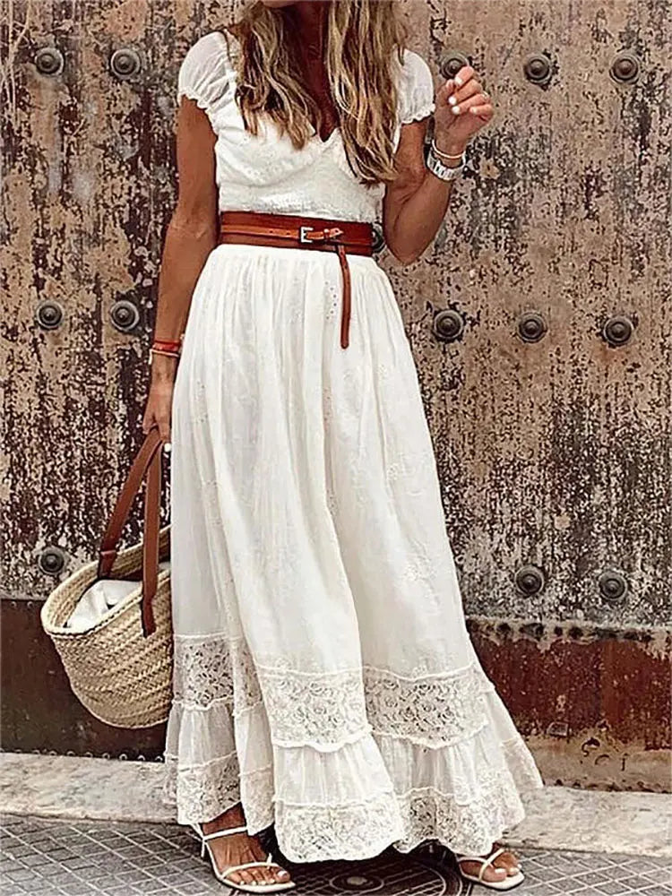 Women's Maxi Dress - Lace Detailing - V-Neck - Short Sheer Sleeves - Belted Waist
