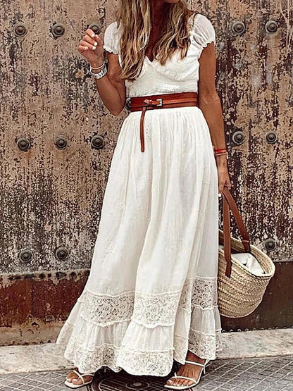 Women's Maxi Dress - Lace Detailing - V-Neck - Short Sheer Sleeves - Belted Waist