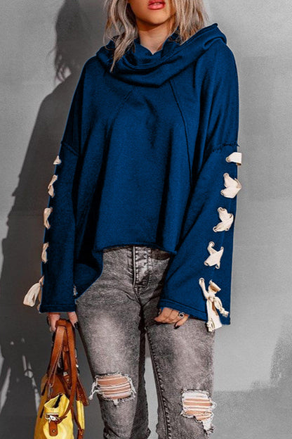 Women's lace-up stacked collar raw edge hoodie