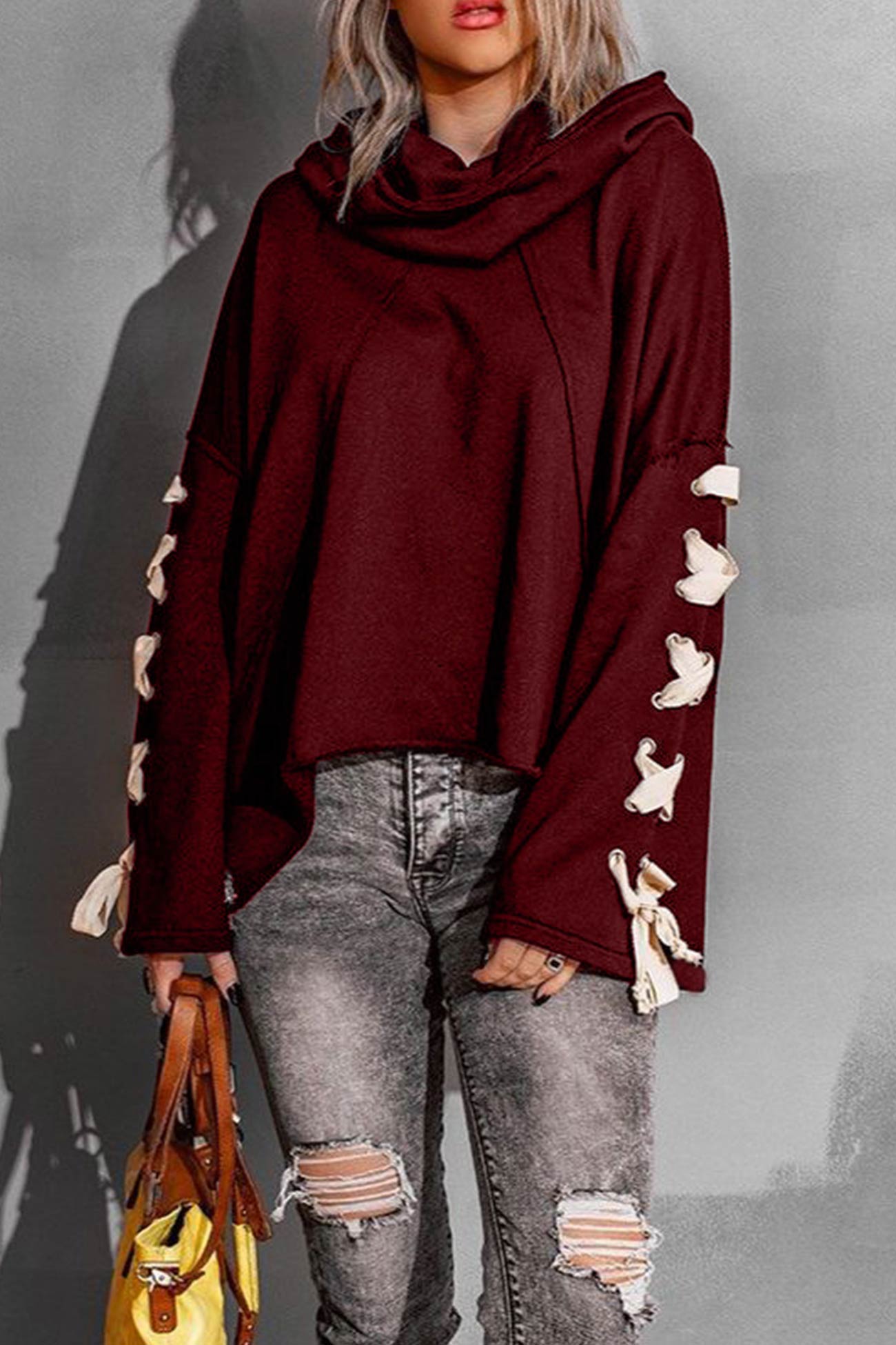 Women's lace-up stacked collar raw edge hoodie