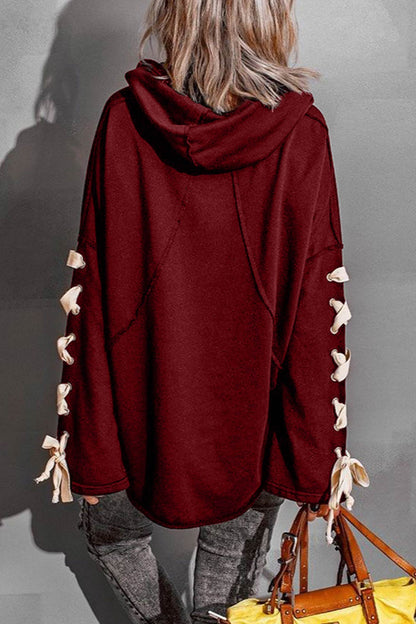 Women's lace-up stacked collar raw edge hoodie