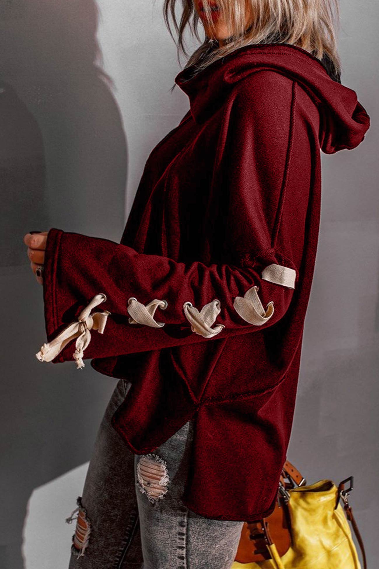 Women's lace-up stacked collar raw edge hoodie