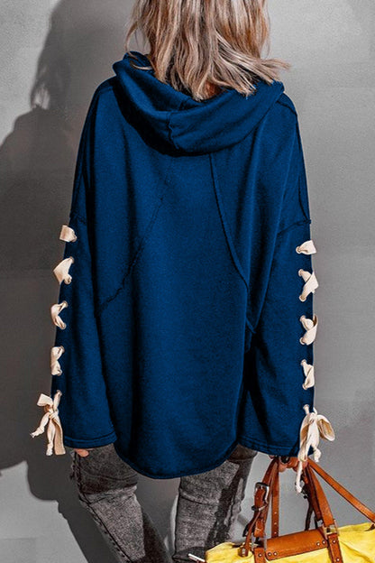 Women's lace-up stacked collar raw edge hoodie