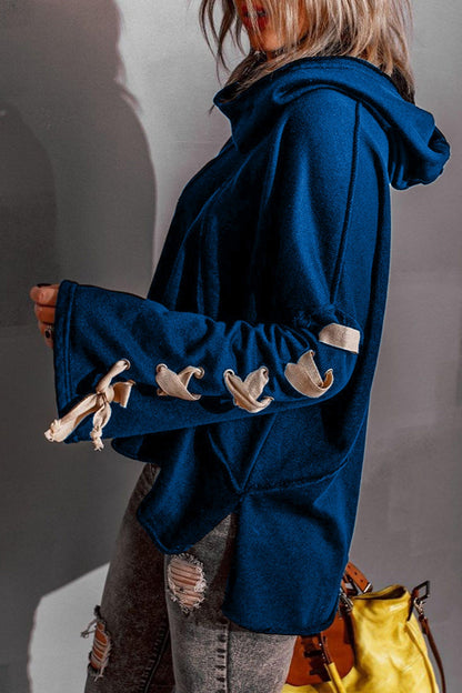 Women's lace-up stacked collar raw edge hoodie