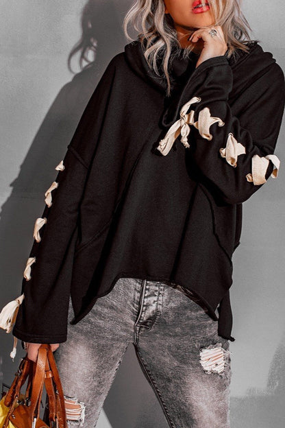 Women's lace-up stacked collar raw edge hoodie