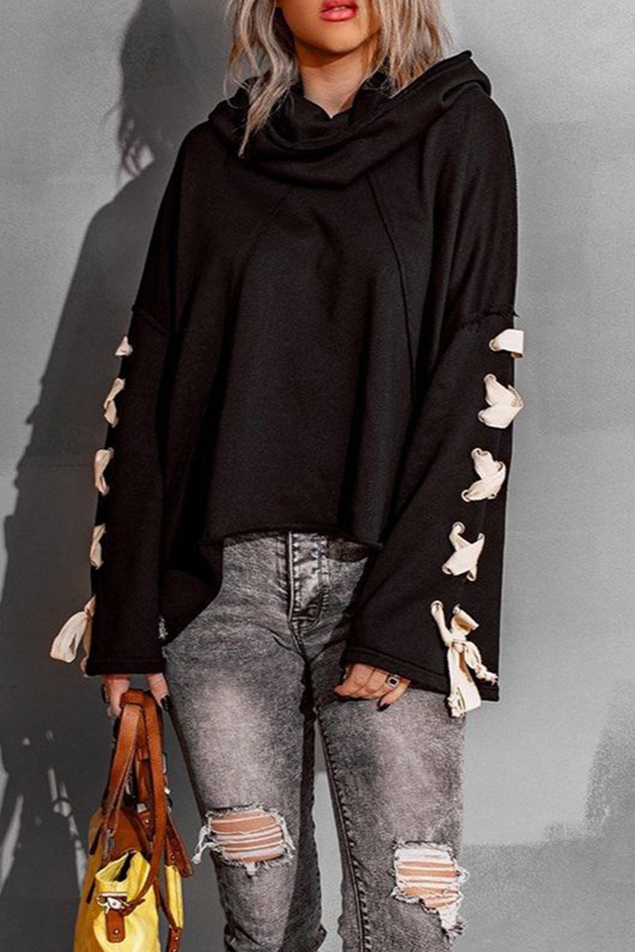 Women's lace-up stacked collar raw edge hoodie