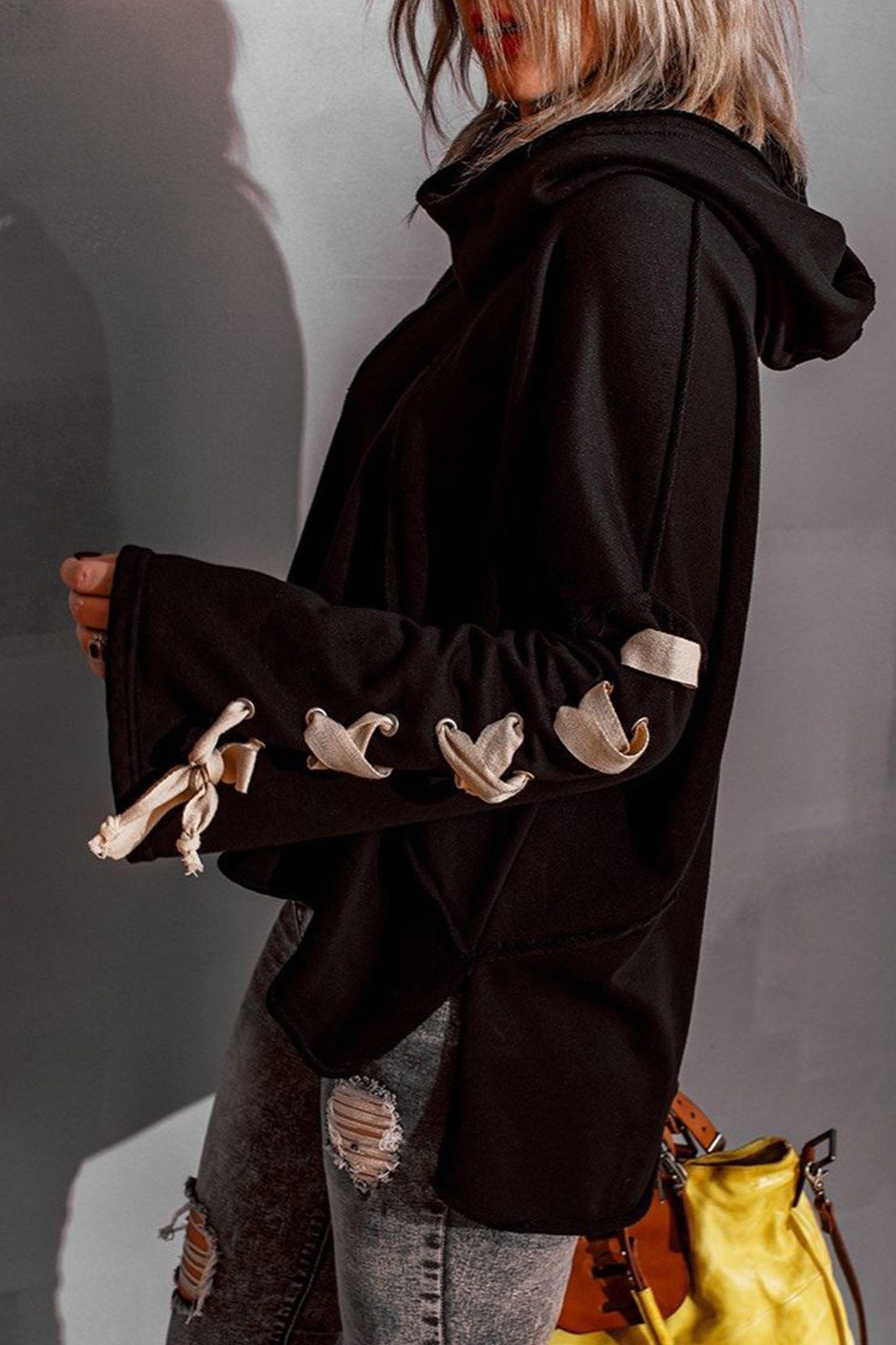 Women's lace-up stacked collar raw edge hoodie