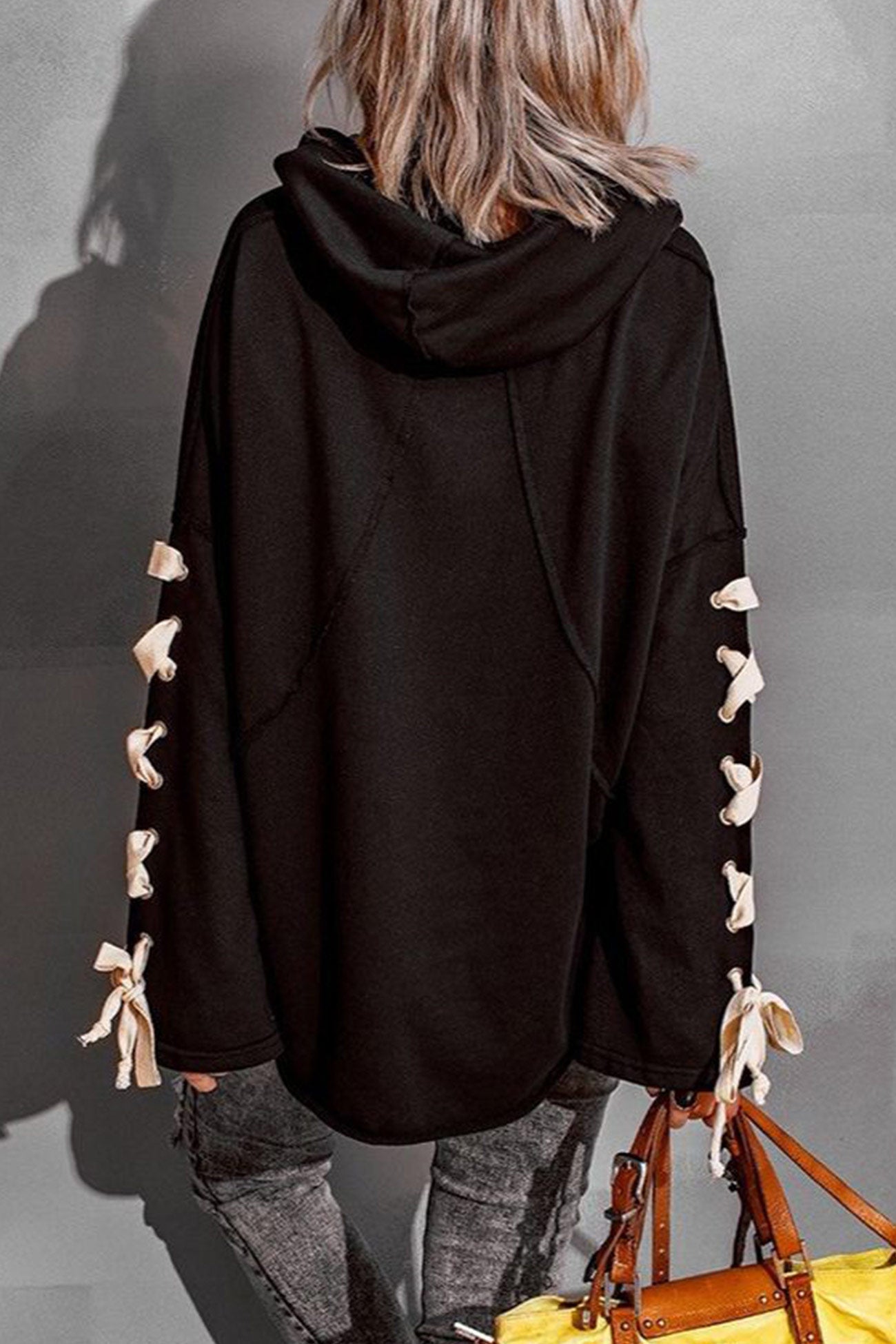 Women's lace-up stacked collar raw edge hoodie