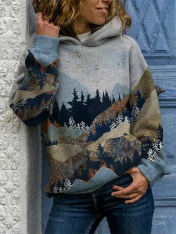 Women's landscape print hooded sweatshirt