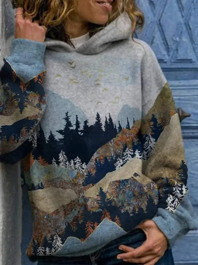 Women's landscape print hooded sweatshirt