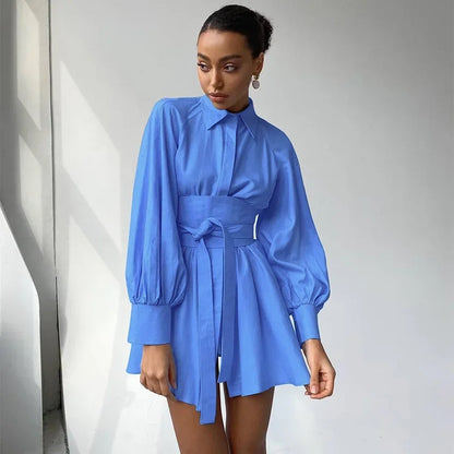 Women's Shirt Dress - Oversized Fit - Long Lantern Sleeves - Lightweight Cotton Blend