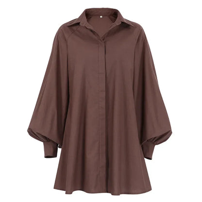 Women's Shirt Dress - Oversized Fit - Long Lantern Sleeves - Lightweight Cotton Blend