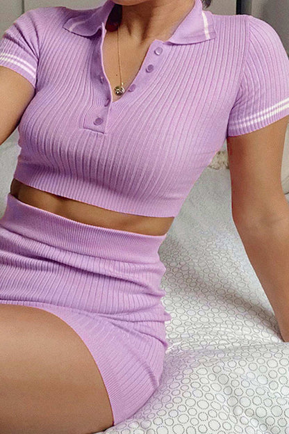 Women’s Two-Piece Set – Ribbed Knit – Cropped Polo Top & High-Waist Mini Skirt