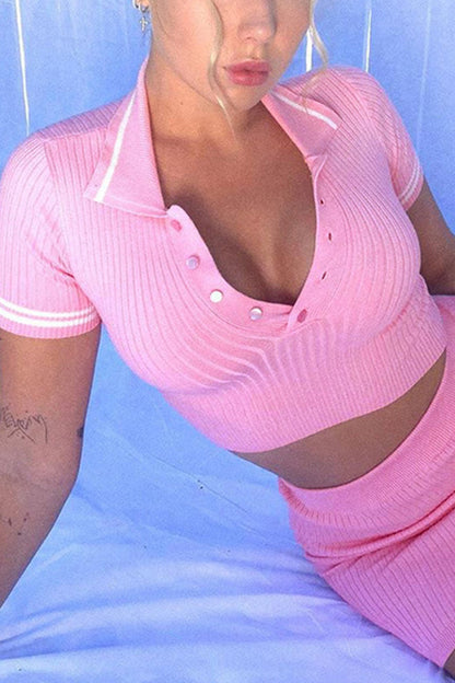 Women’s Two-Piece Set – Ribbed Knit – Cropped Polo Top & High-Waist Mini Skirt