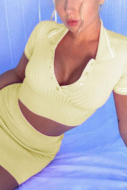 Women’s Two-Piece Set – Ribbed Knit – Cropped Polo Top & High-Waist Mini Skirt