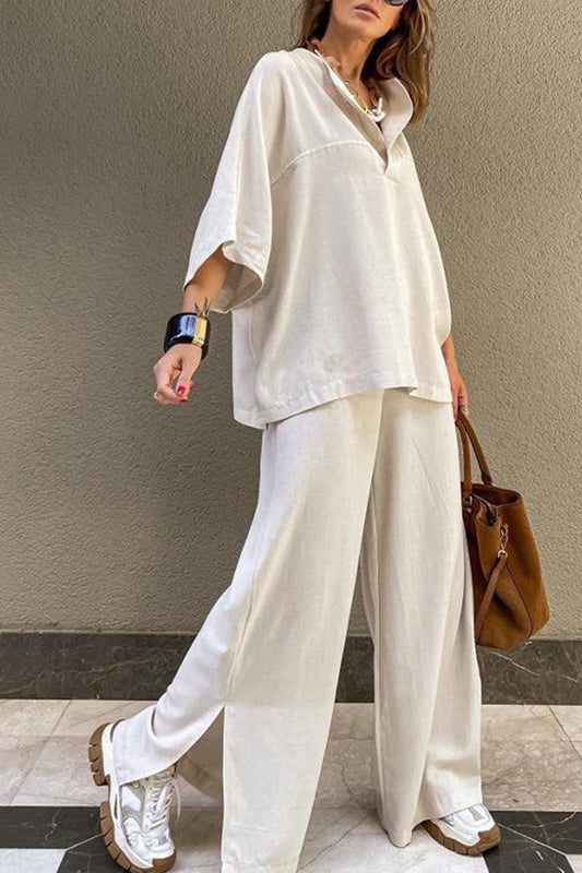 Lapel Slit Hem Long Pants Set